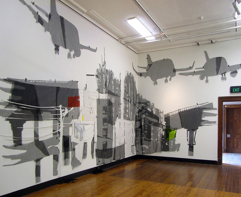Unattended City, 2013 Fly-screen mesh, fabric, spraypaint, tape, pins Installation view, SCA Graduate Gallery
